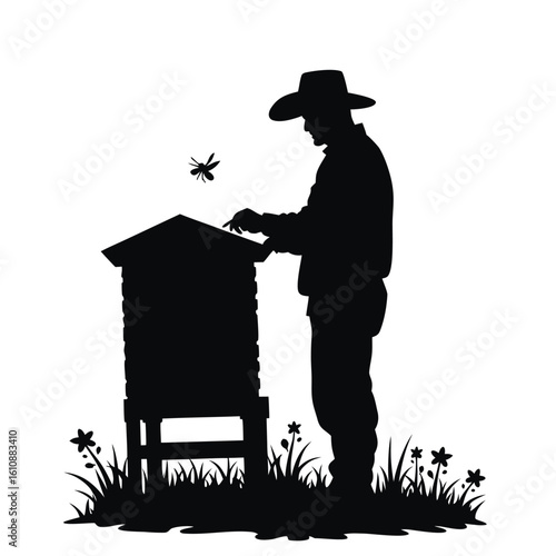 Beekeeper tending hive with bee and flowers apiary beehive