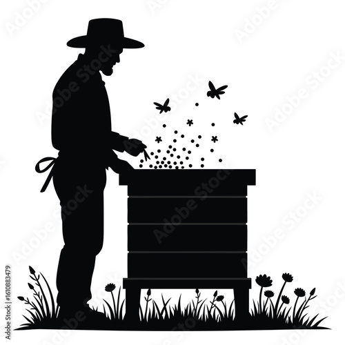 Beekeeper tending hive with bees and flowers apiary honey