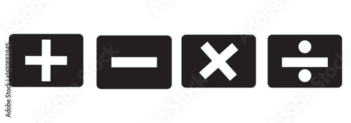 Basic mathematical symbol. Plus, minus, multiply, divide icon set. Plus and minus icon set. Math symbol.