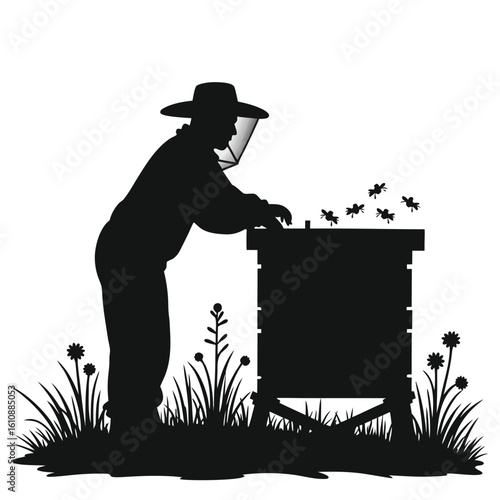 Beekeeper tending hive with flying bees and wildflowers beekeeping apiary