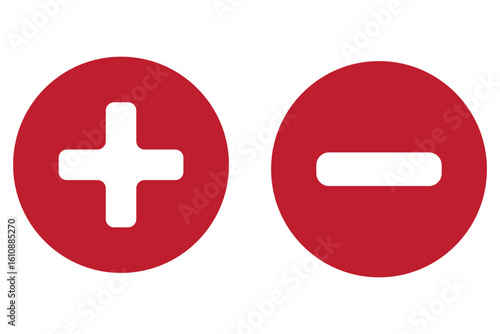 Round plus and minus icons set with different thicknesses. Vector.