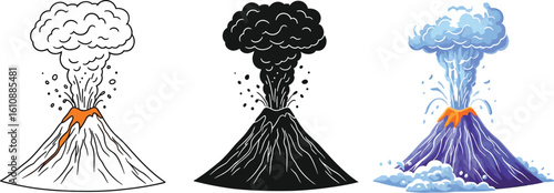 Dynamic eruption scenes capture powerful volcanic activity with detailed illustrations for impactful projects