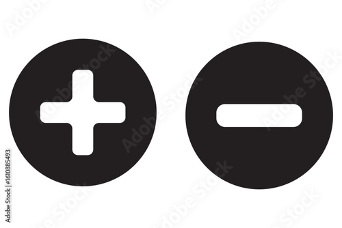 Round plus and minus icons set with different thicknesses. Vector.