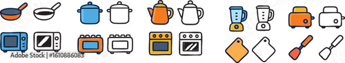 A collection of kitchen appliance and utensil icons in both color and line art styles.