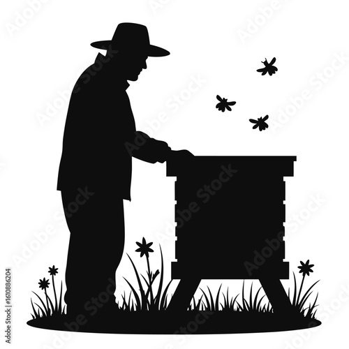 Beekeeper tending hive with flying insects and flowers apiary beehive