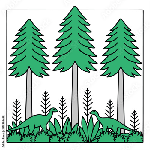 Monoline prehistoric forest with various-dinos.