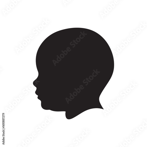 Black baby head silhouette isolated on white background