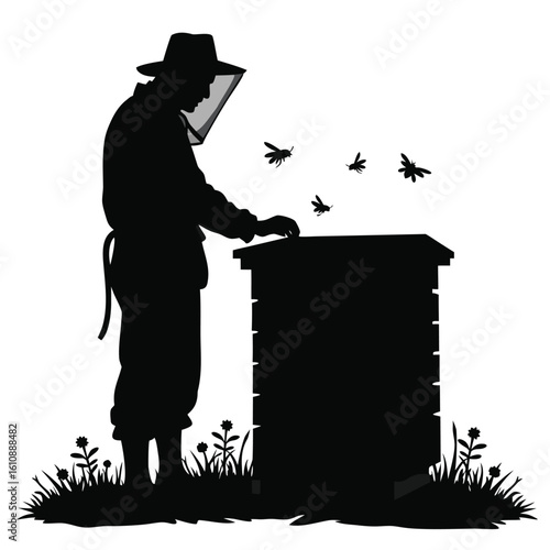 Beekeeper tending hive with flying insects beekeeping bees