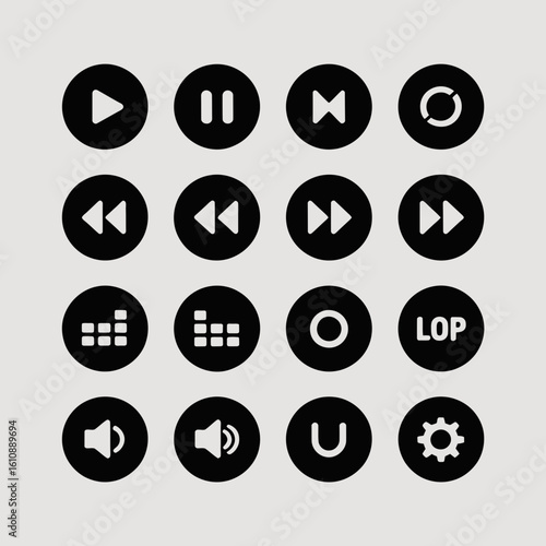 set of iconsmedia, control, icons, play, pause, stop, rewind, forward, loop, repeat, shuffle, volume, mute, settings, audio, video, music, player, interface, buttons, track, skip, toggle, playback, pa
