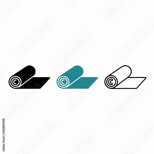 yoga, mat, icon, vector, fitness, exercise, workout, gym, rolled, equipment, silhouette, outline, black, blue, training, sport, stretching, pilates, health, meditation, flexible, foam, rubber, flat, d
