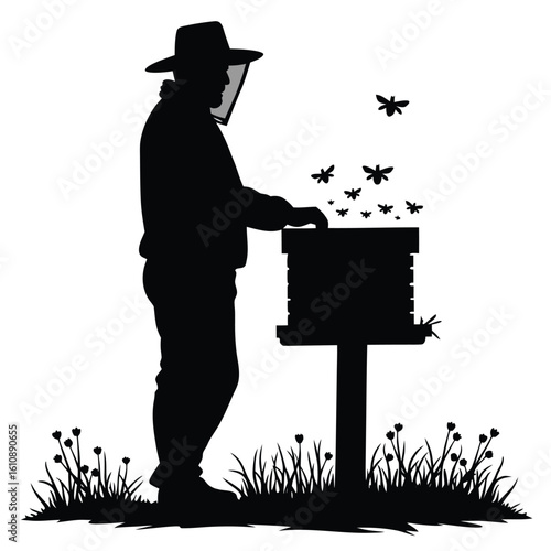 Beekeeper tending to beehive surrounded by flying insects and grass apiary apiarist