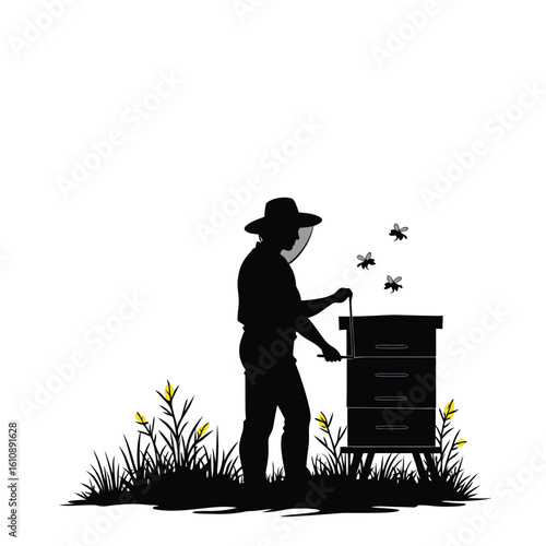 Beekeeper tending to beehive with flying insects and yellow flowers bees apiary