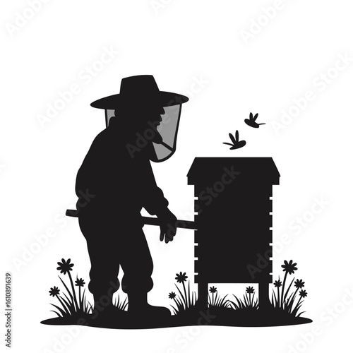 Beekeeper tending to beehive with flying insects beekeeping apiary