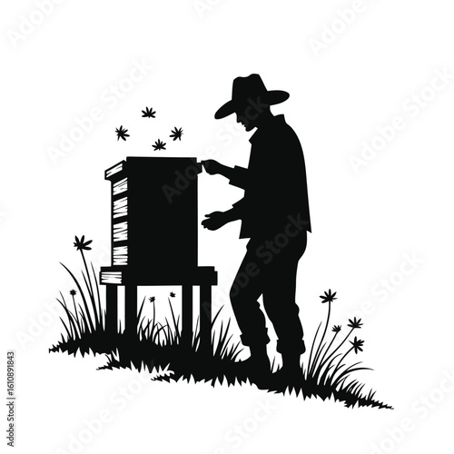 Beekeeper tending to hive among flowers and grass beekeeping apiary