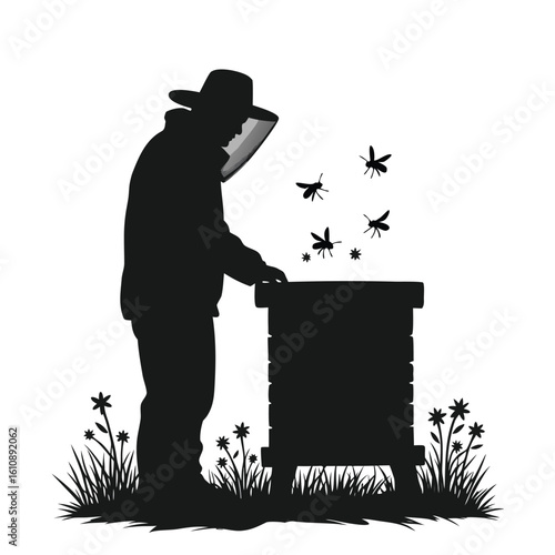 Beekeeper tending to hive with bees and flowers apiary beekeeping