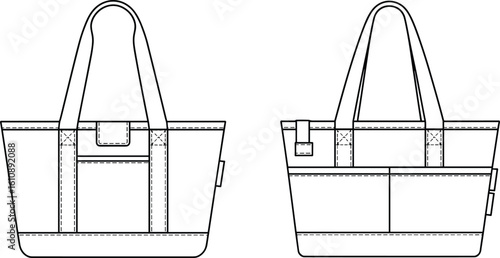 Cad drawing flat vector illustration of classic tote bag, large canvas handbag, durable design, practical accessory, fashion essential, everyday carry, simple style, versatile handbag, casual tote, 