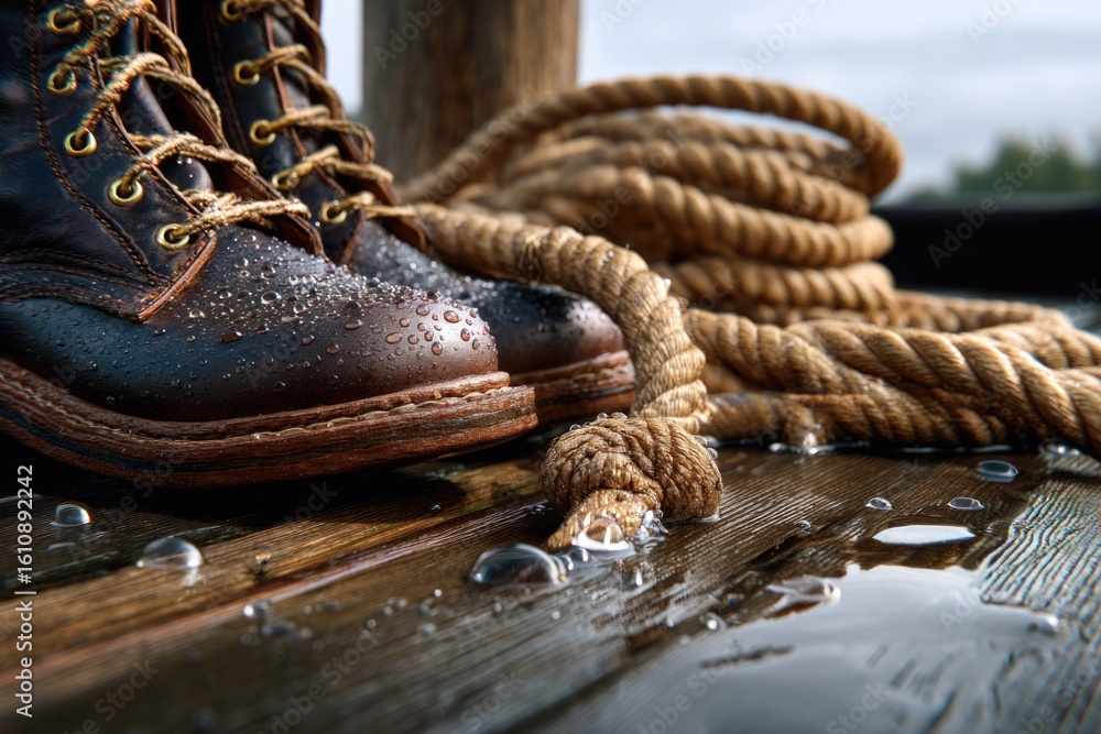 Fototapeta premium A close-up of sailor boots resting on a wet ship deck