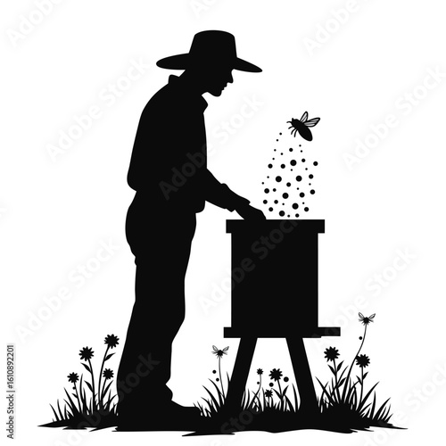 Beekeeper tending to hive with bees and flowers honey apiary