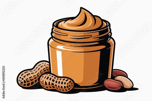 Jar of creamy peanut butter with whole peanuts and shells