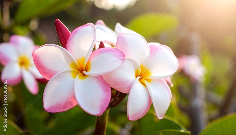 Close-up of delicate, pink-and-white blossoms, backlit by warm sunlight Close-up of delicate, pink-and-white blossoms, backlit by warm sunlight