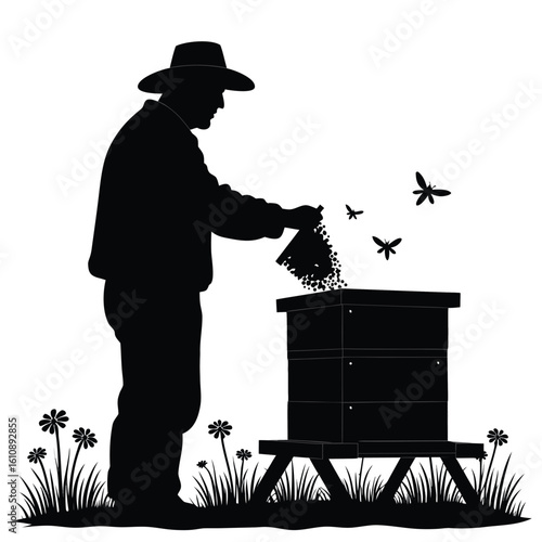 Beekeeper tending to hive with bees flying around apiary