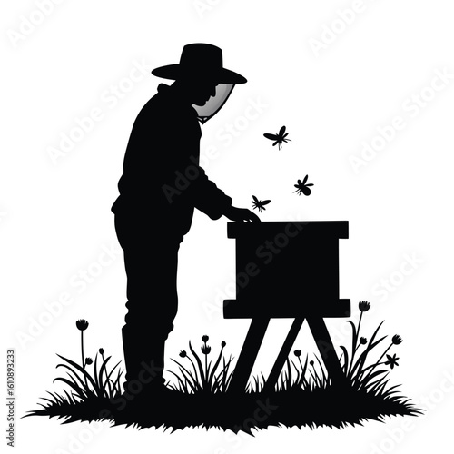 Beekeeper tending to hive with bees flying around beekeeping apiary