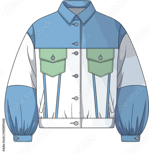 CAD drawing flat vector illustration of color-block denim jacket design, button front, green flap pockets, fashion outerwear sketch, stylish apparel layout