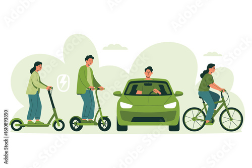 Diverse urban transportation options featuring electric scooters bicycle and car