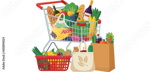 Full grocery cart and bags overflowing with fresh food and produce