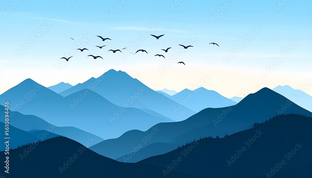Fototapeta premium Mountain Ridge Silhouette Vector with Birds Flying
