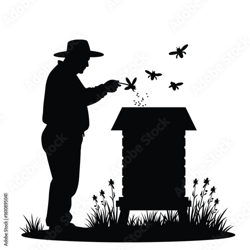 Beekeeper tending to hive with flying bees and flowers apiary beehive