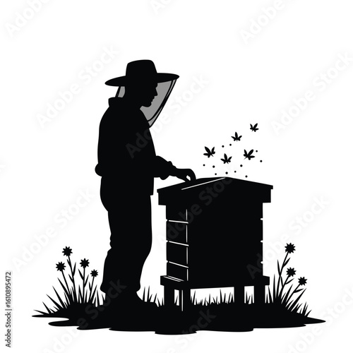 Beekeeper tending to hive with flying bees and flowers beekeeping apiary