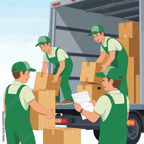 Movers loading boxes into a delivery truck for relocation services