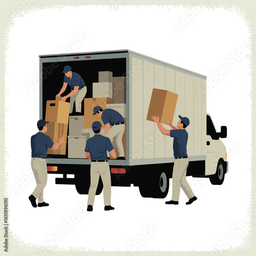 Movers loading boxes and furniture into a delivery truck