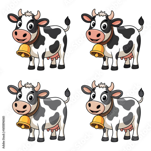 Four cute cartoon cows with bells on white background