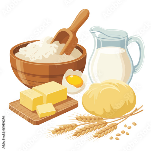Baking ingredients including flour butter eggs milk and wheat for homemade bread or pastries
