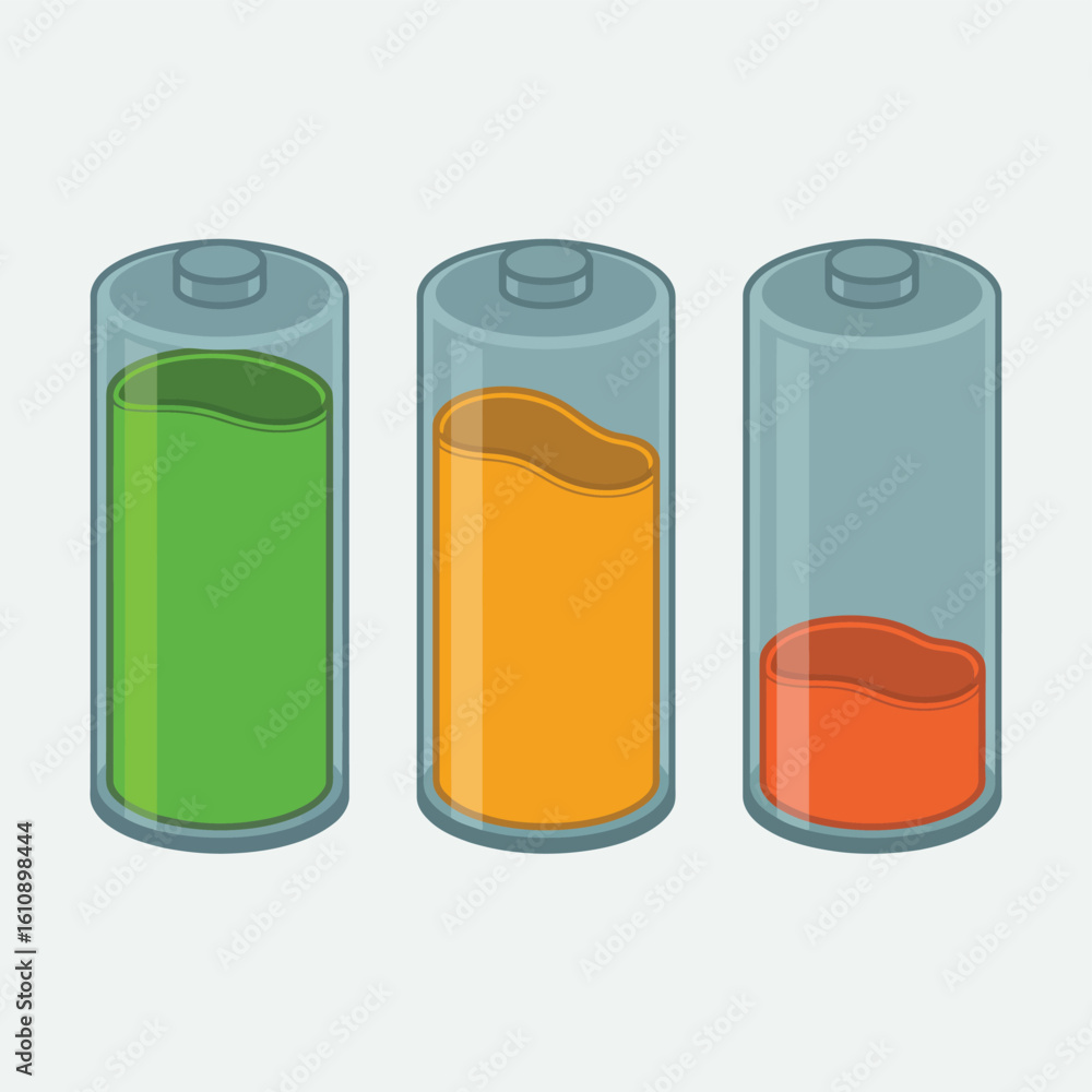 Three battery icons showing full medium and low charge levels Three battery icons showing full medium and low charge levels