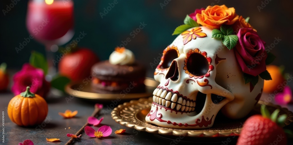 Sweet bread, chocolate, decorated skull on ornate altar Traditional Day of the Dead scene , pastry, cultural celebration Sweet bread, chocolate, decorated skull on ornate altar Traditional Day of the Dead scene , pastry, cultural celebration