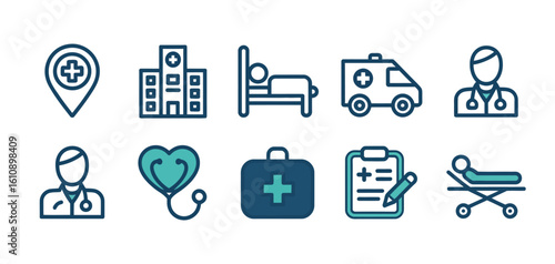 Collection of medical and healthcare icons representing healthcare services and professionals