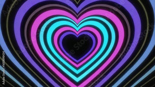 Glowing striped heart shape revealed by bright light rays in seamless loop