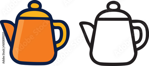 A colorful orange teapot icon and its corresponding black outline version on a white background.