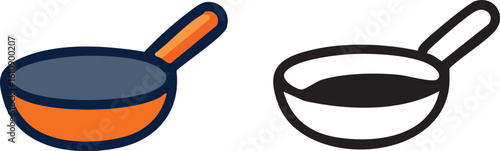 A set of two frying pan icons, one in full color and the other a simple black and white line art version.