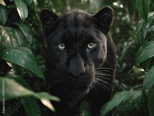 Fototapeta Naklejka Na Ścianę i Meble -  Ai generated image of a black panther emerges from lush green foliage in a dense jungle