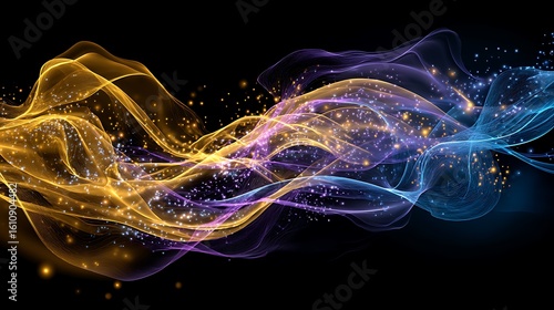 
Abstract Golden and Blue Flowing Light Waves with Sparkles
