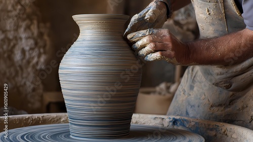 Clay spins under the hands of a potter, taking form as a bowl or pot through careful shaping and rotation.