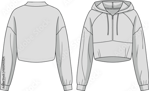 CAD drawing flat vector illustration of cropped hoodie, front and back view, long sleeve, zipper closure, casualwear design, fashion sketch, garment layout, apparel template