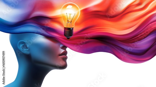 Illuminated Lightbulb Emerging from Abstract Flowing Hair and Hu