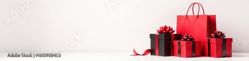 Red and black gift boxes, shopping bag, white backdrop , winter, aerial, red