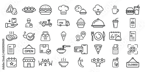 Collection of hand drawn food and drink icons for delivery and restaurant services