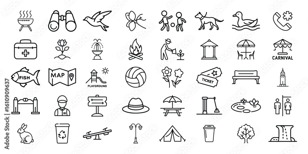 Fototapeta premium Collection of hand drawn icons representing outdoor activities and nature